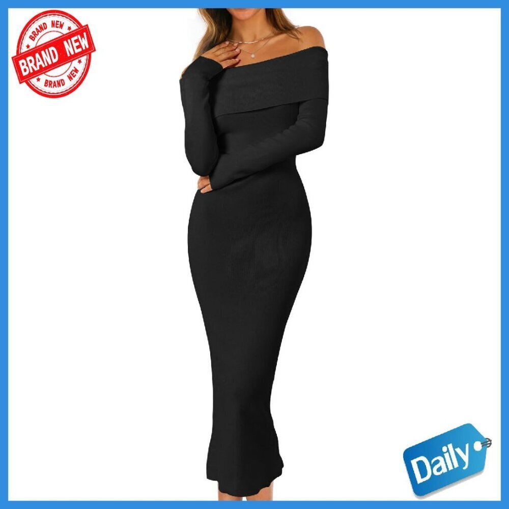 Winter Off Shoulder Bodycon Sweater Dress Long Sleeve Midi Formal Party